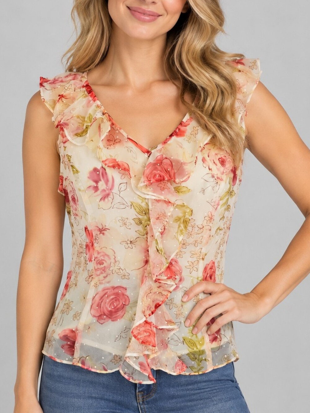 PIERRE CARDIN Y2k Floral Ruffle V-Neck Sleeveless Chiffon Cropped Top